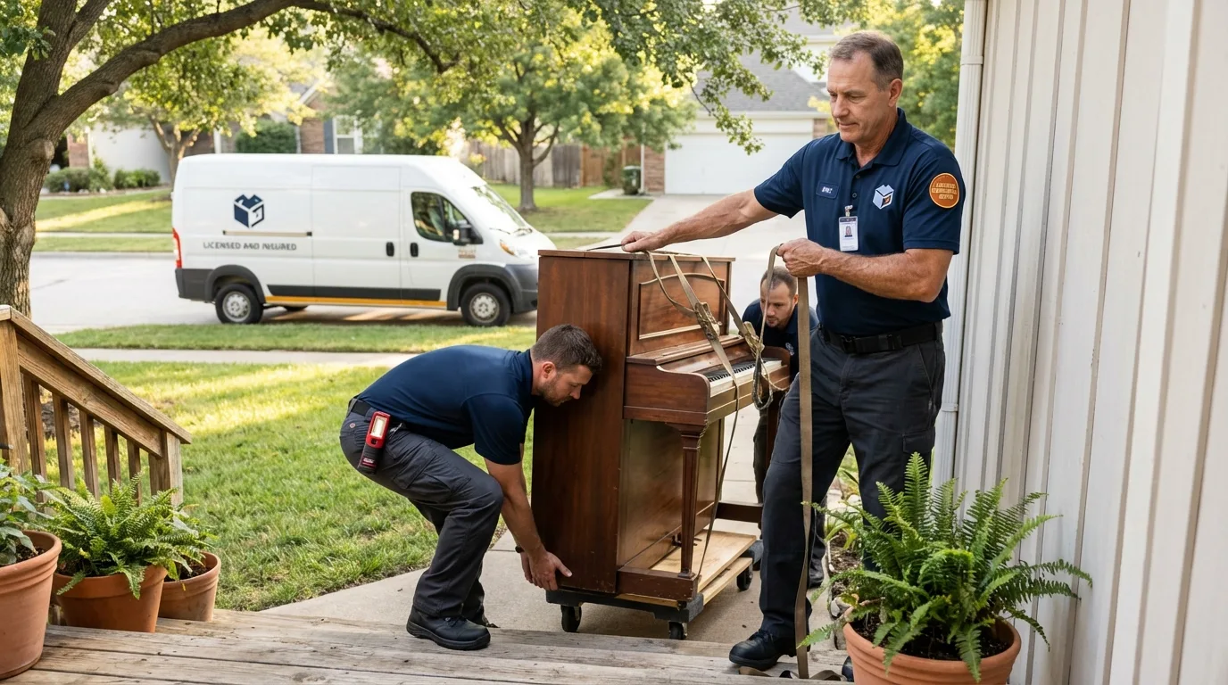 Licensed piano movers securing grand piano in Hysham, MT