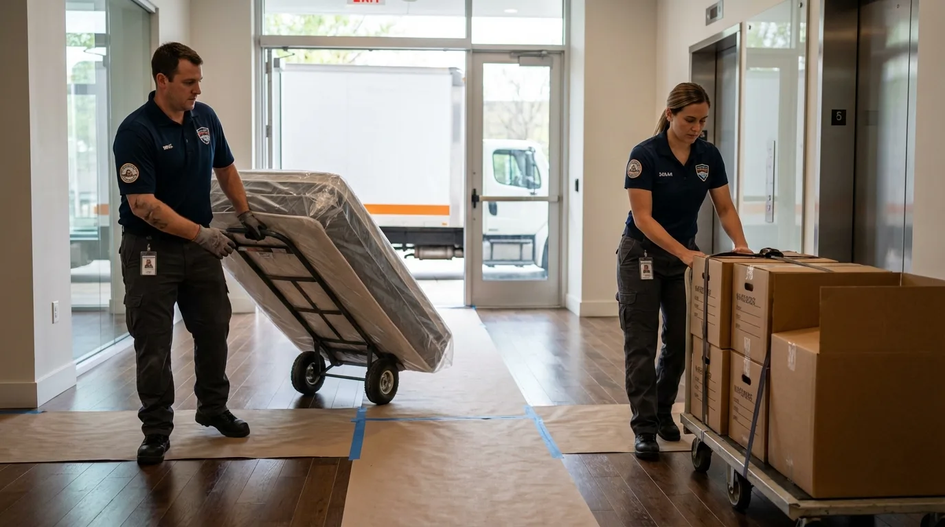 Professional apartment movers loading elevator in Hysham, MT